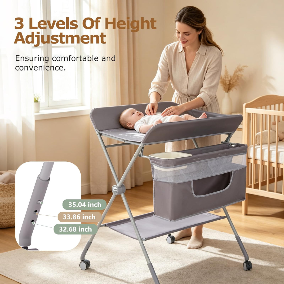 Baby Changing Table with Wheels, Portable Adjustable Folding Diaper Station with Storage V89482