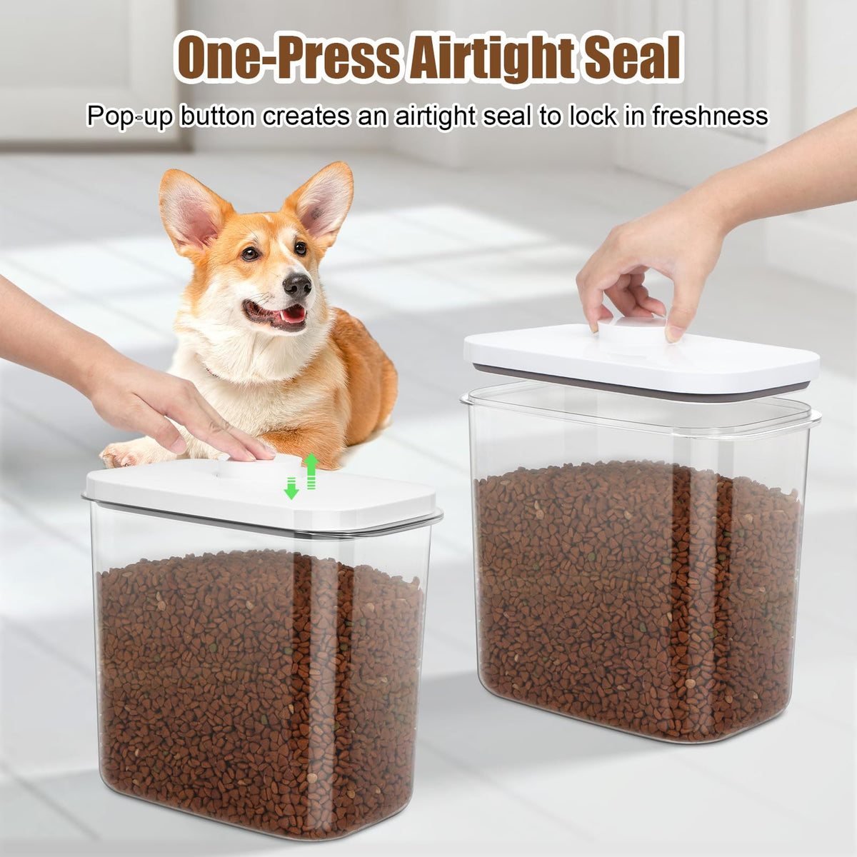 Dog Cat Food Storage Container with Handles, Stackable Pop Up Lids H86548