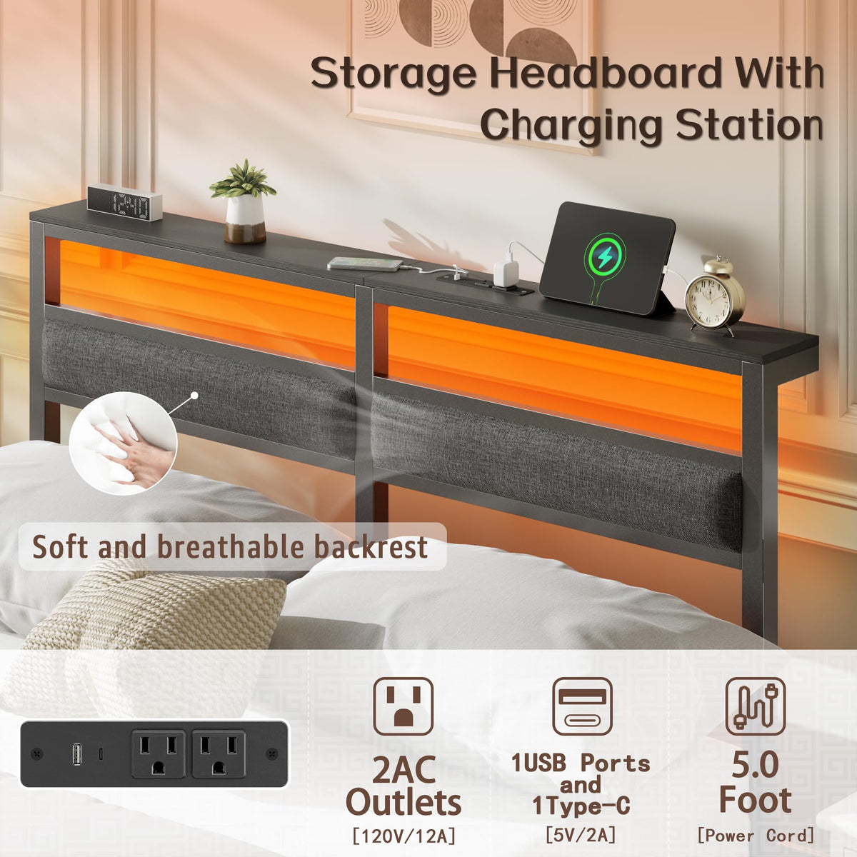 Full Size Black Platform Bed with LED Lights & Charging E87261
