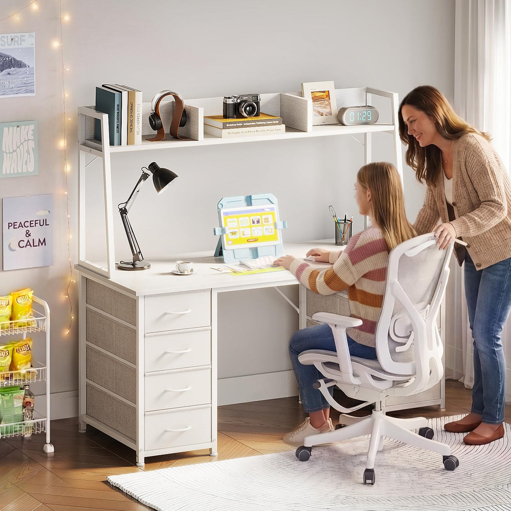 48 Inch White Computer Desk with Hutch and 8 Drawers U70131