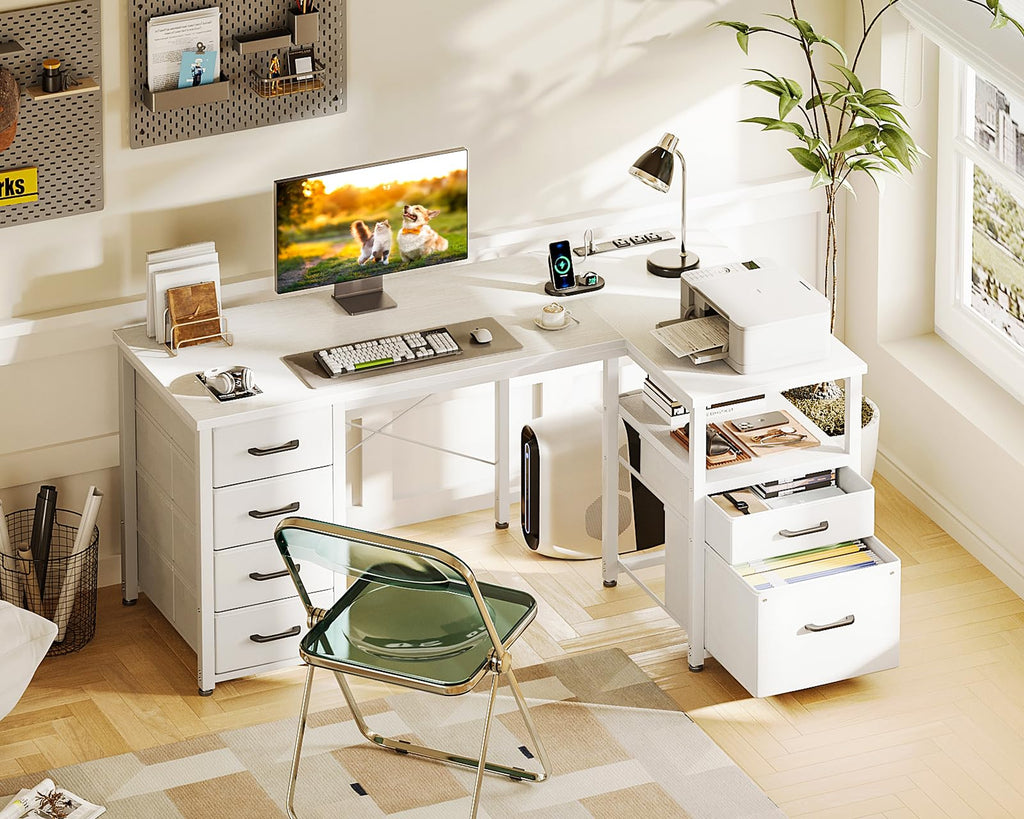 55 Inch L Shaped Office Desk with 6 Drawers White K364101