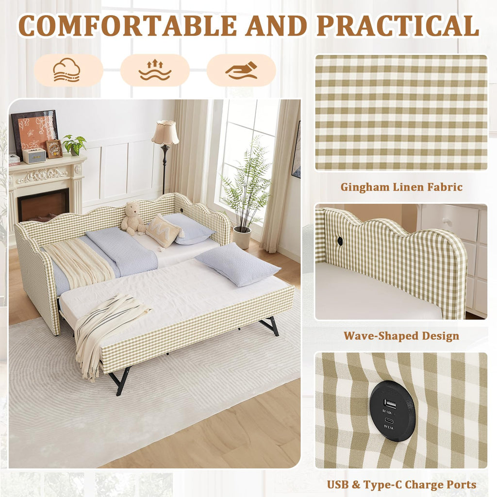 Twin Size Gingham Upholstered Daybed with Trundle and USB Ports X6943