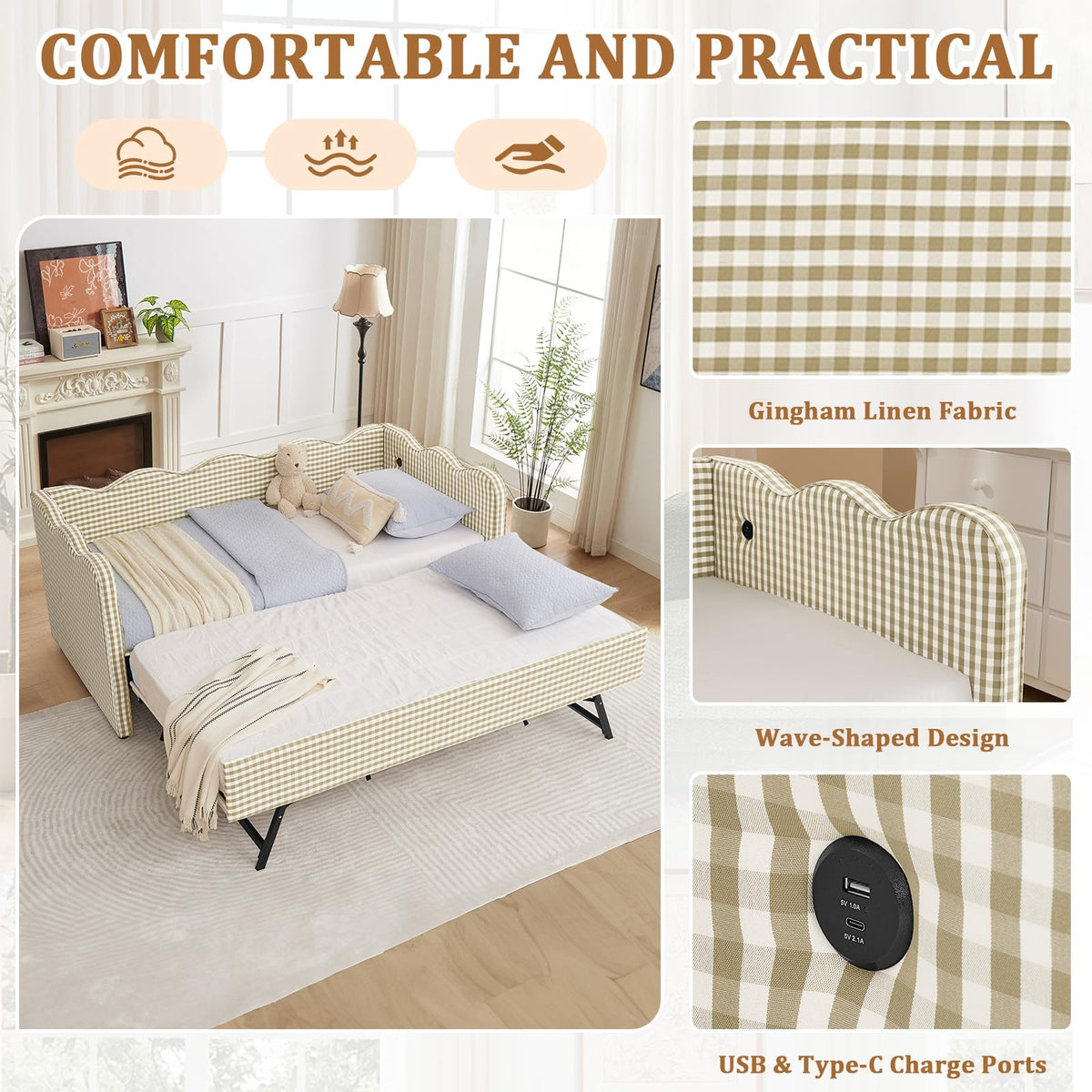 Twin Size Gingham Upholstered Daybed with Trundle and USB Ports X6943