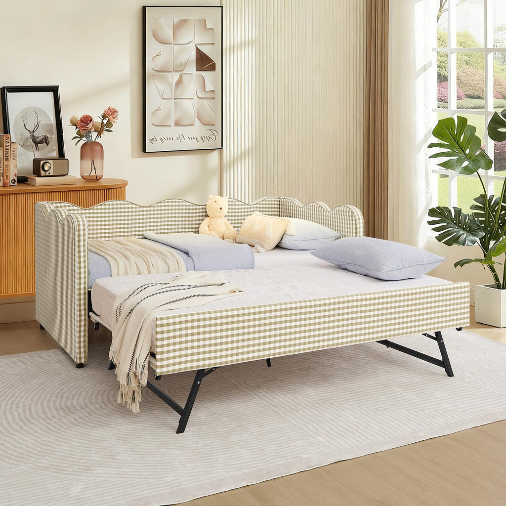 Twin Size Gingham Upholstered Daybed with Trundle and USB Ports X6943