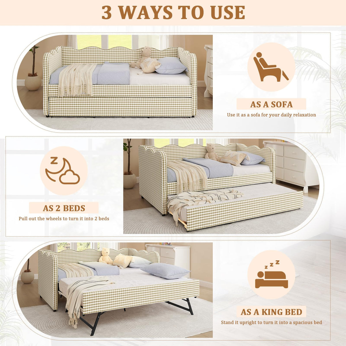 Twin Size Gingham Upholstered Daybed with Trundle and USB Ports X6943