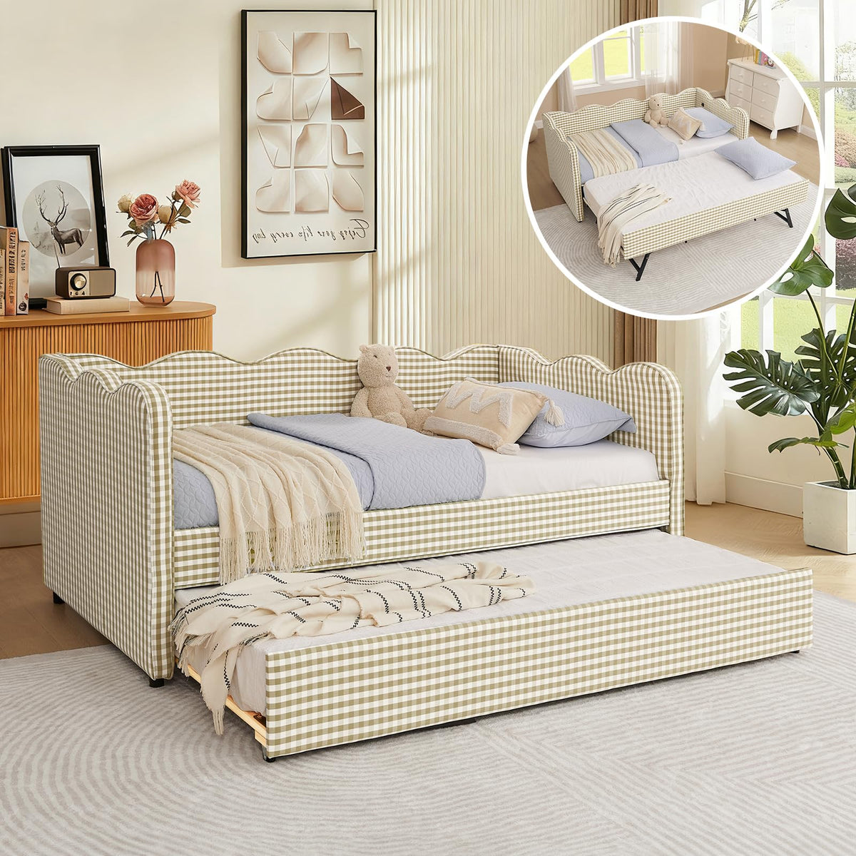 Twin Size Gingham Upholstered Daybed with Trundle and USB Ports X6943