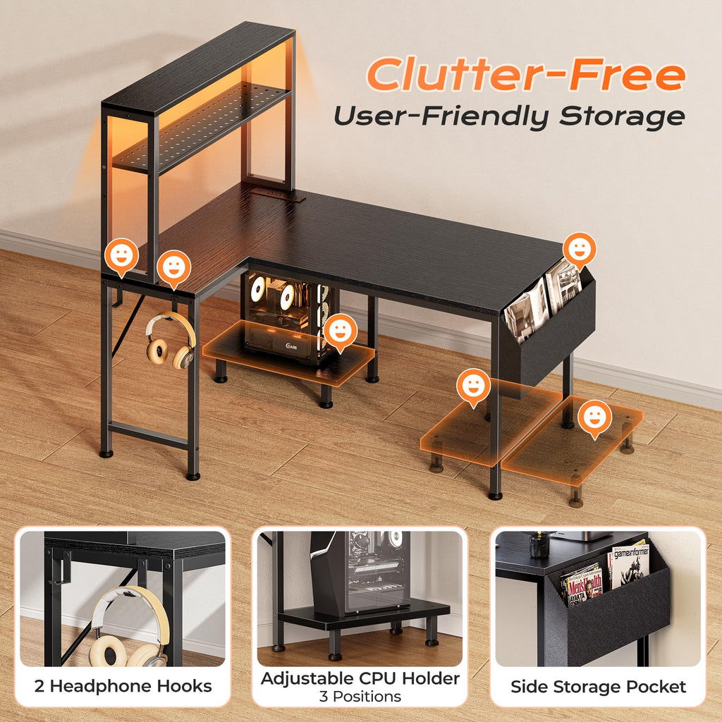 L Shaped Gaming Desk with LED Lights & Power Outlets T3530
