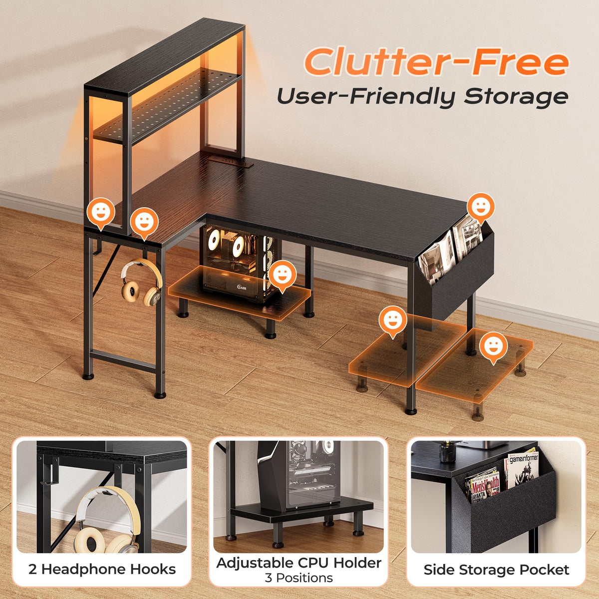 L Shaped Gaming Desk with LED Lights & Power Outlets T3530