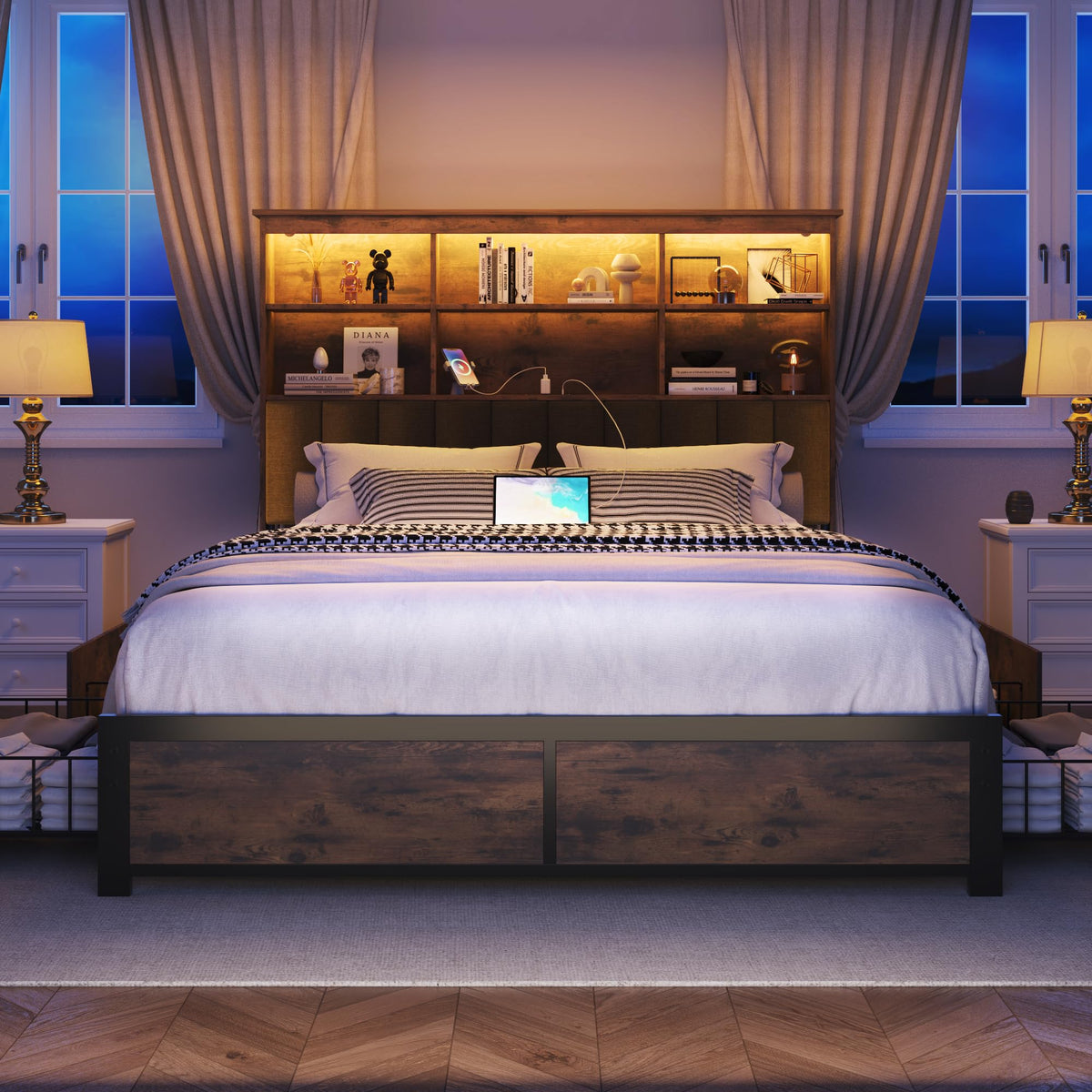 Queen Bed Frame with Storage Drawers and Charging Station X43210