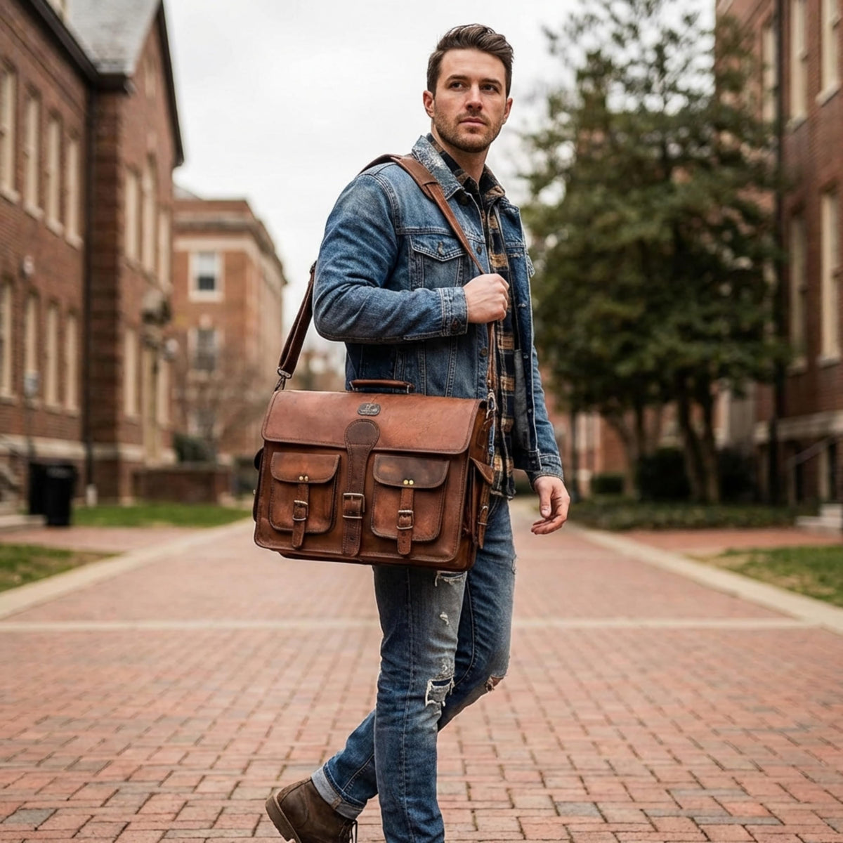 Vintage Brown Full Grain Leather Messenger Bag A17993