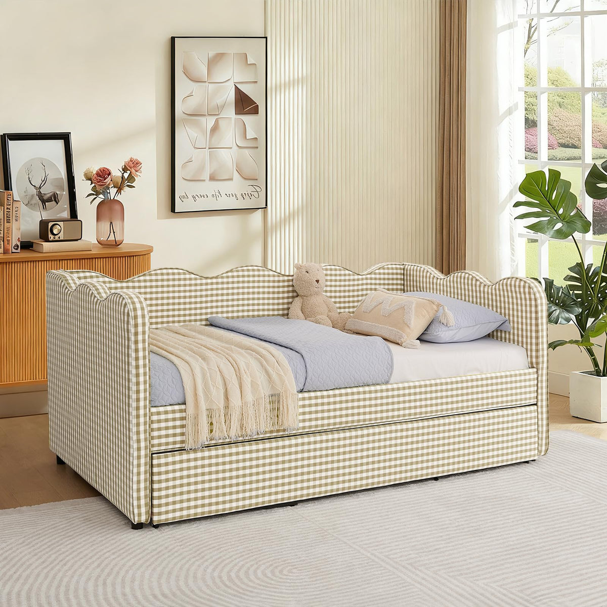 Twin Size Gingham Upholstered Daybed with Trundle and USB Ports X6943