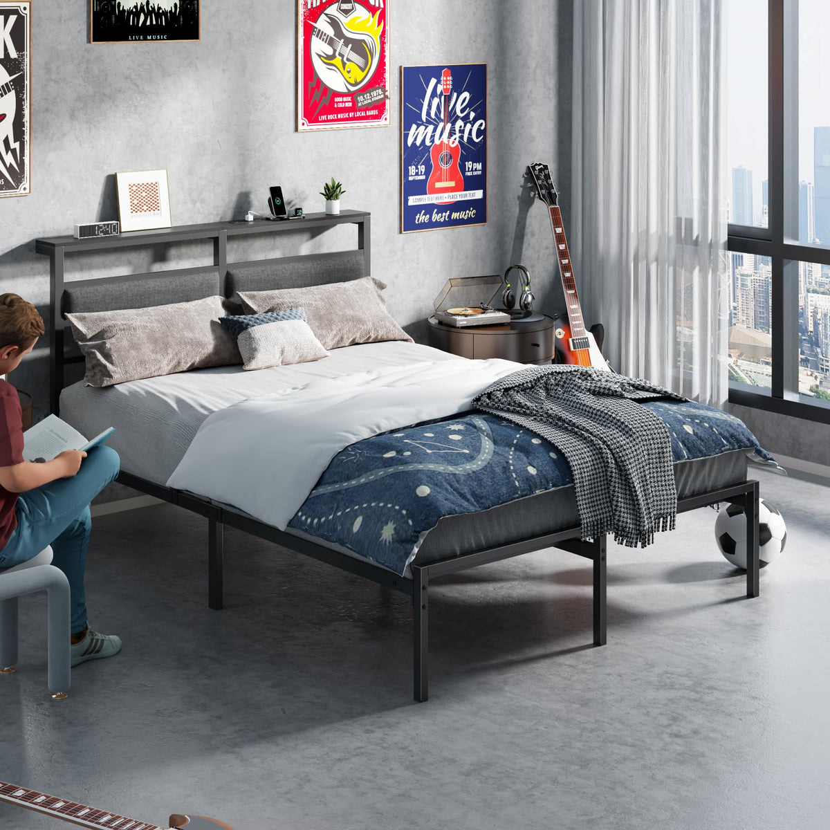 Full Size Black Platform Bed with LED Lights & Charging E87261