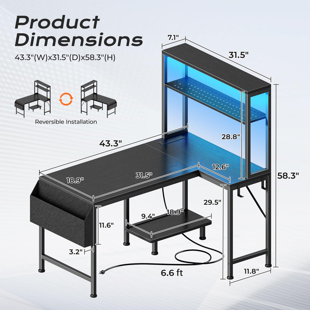 L Shaped Gaming Desk with LED Lights & Power Outlets T3530
