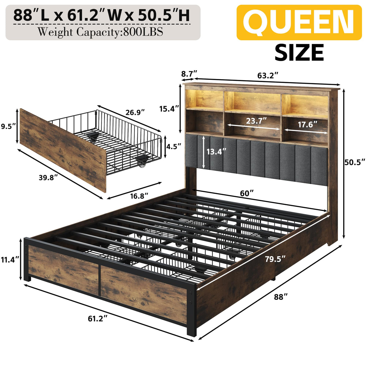 Queen Bed Frame with Storage Drawers and Charging Station X43210