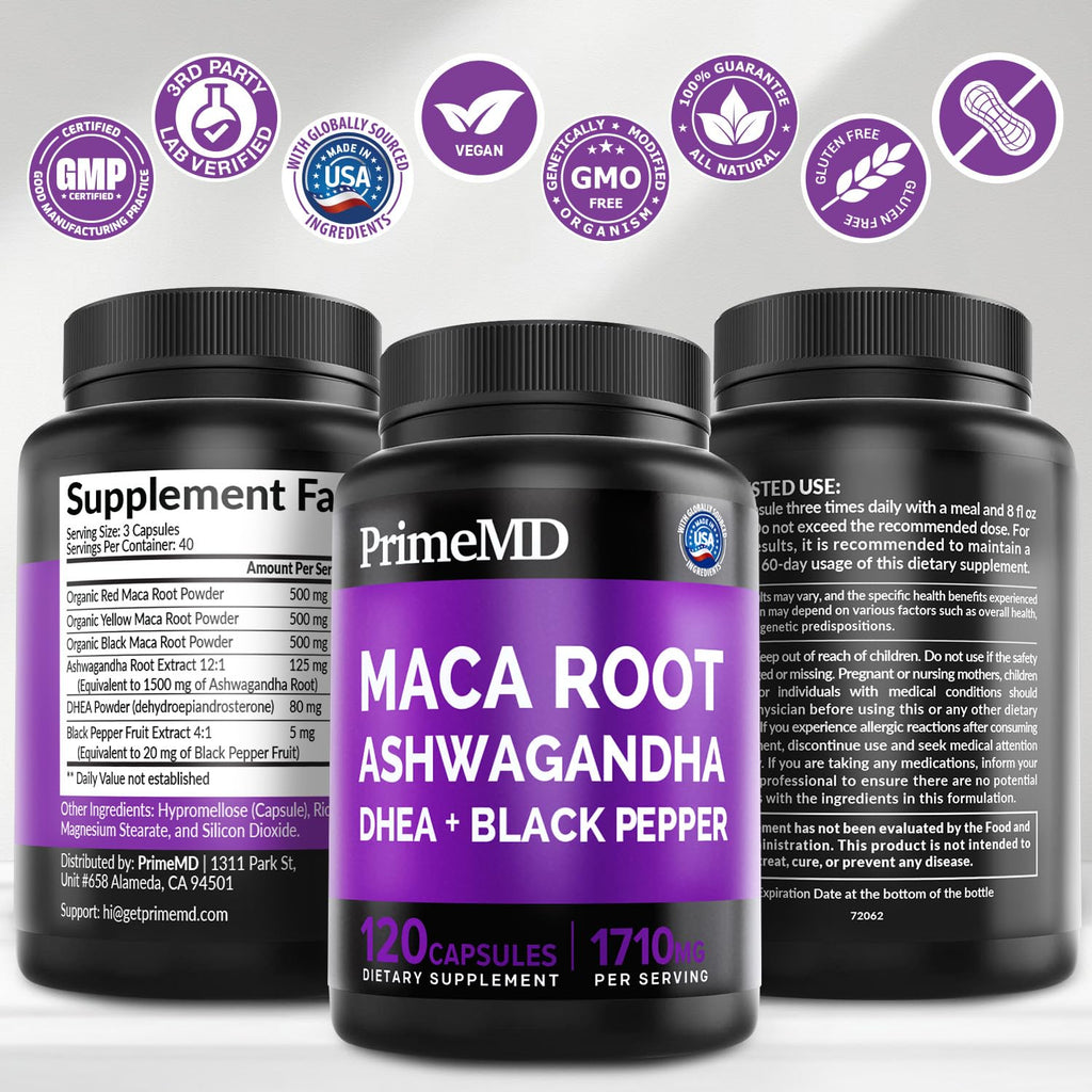 Maca Root Ashwagandha 1710mg with DHEA & Black Pepper, 120ct Y151589