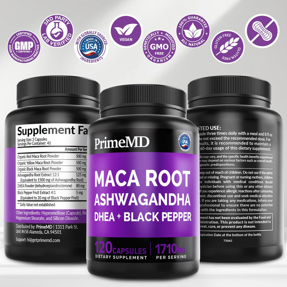 Maca Root Ashwagandha 1710mg with DHEA & Black Pepper, 120ct Y151589
