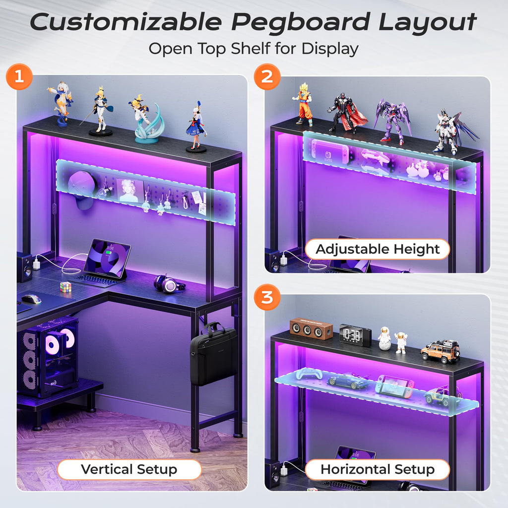 L Shaped Gaming Desk with LED Lights & Power Outlets T3530