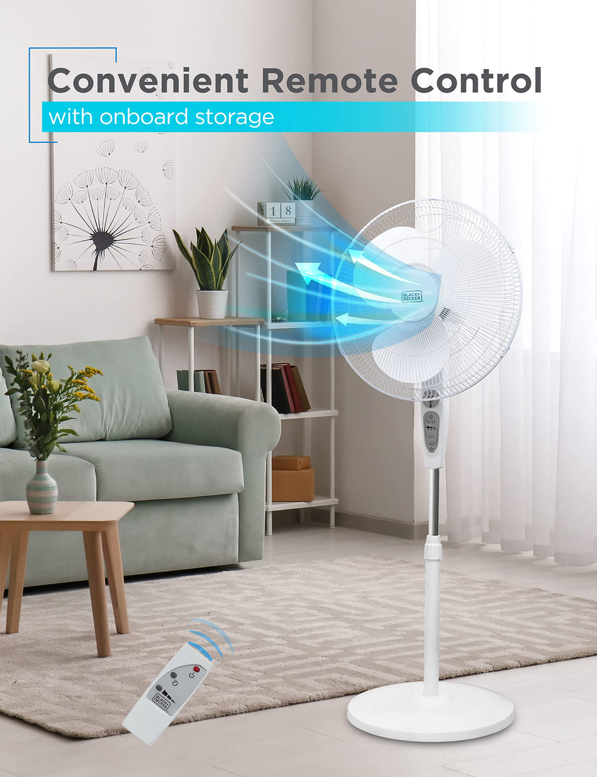 18-Inch Stand Fan with Remote and 3-Speed Settings, White O70147