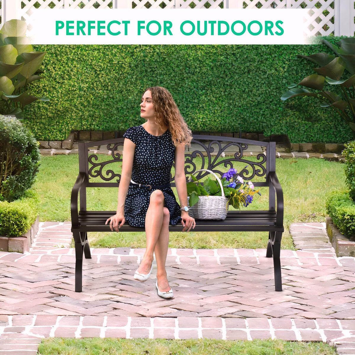 50" Outdoor Garden Bench Black 485lbs Load Capacity N7637