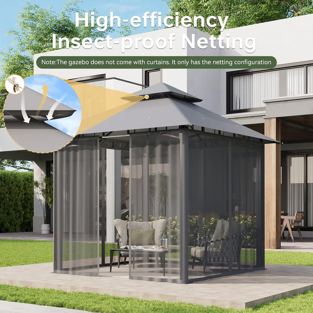 8'x8' Gray Gazebo with Double Roof & Mosquito Netting R34034