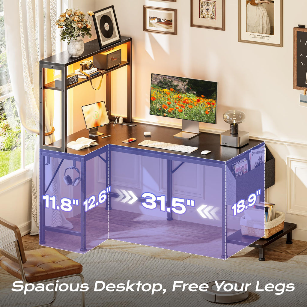 L Shaped Gaming Desk with LED Lights & Power Outlets T3530