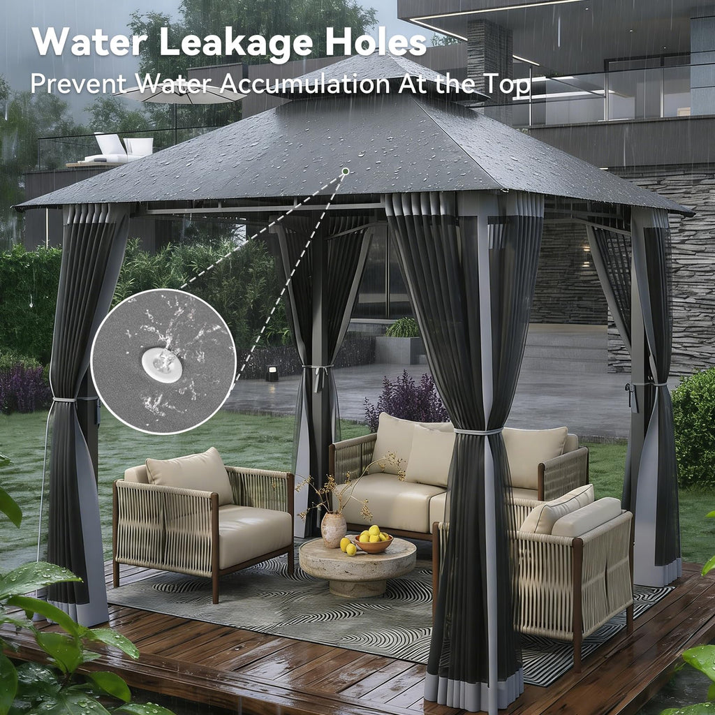 8'x8' Gray Gazebo with Double Roof & Mosquito Netting R34034