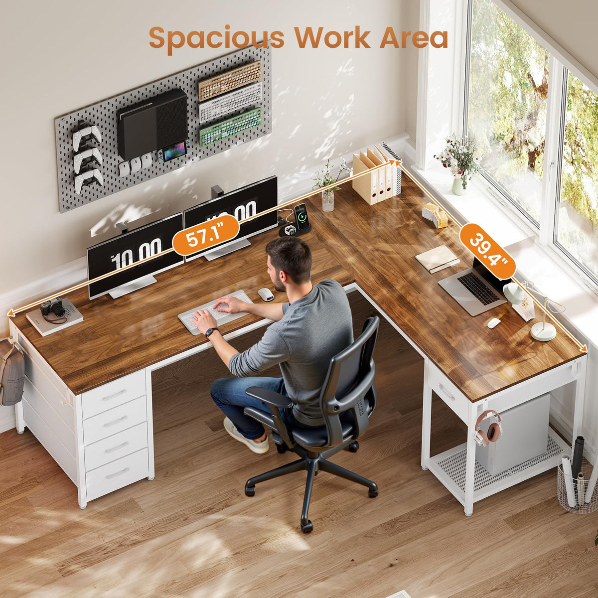 Brown White L Shaped Desk with 5 Drawers X580
