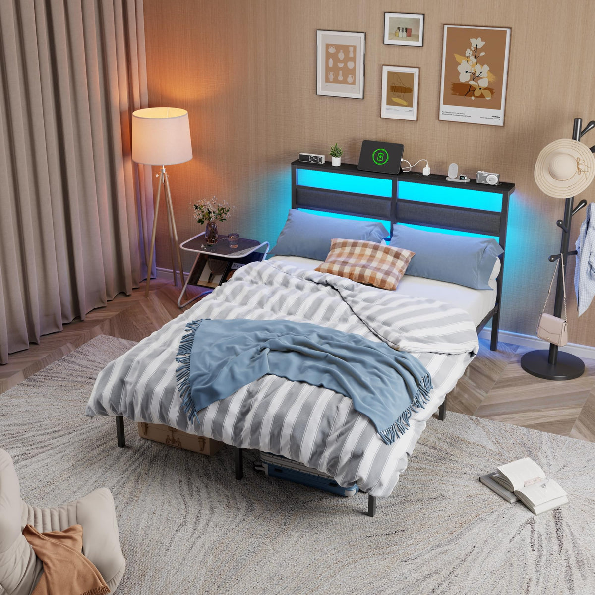 Full Size Black Platform Bed with LED Lights & Charging E87261