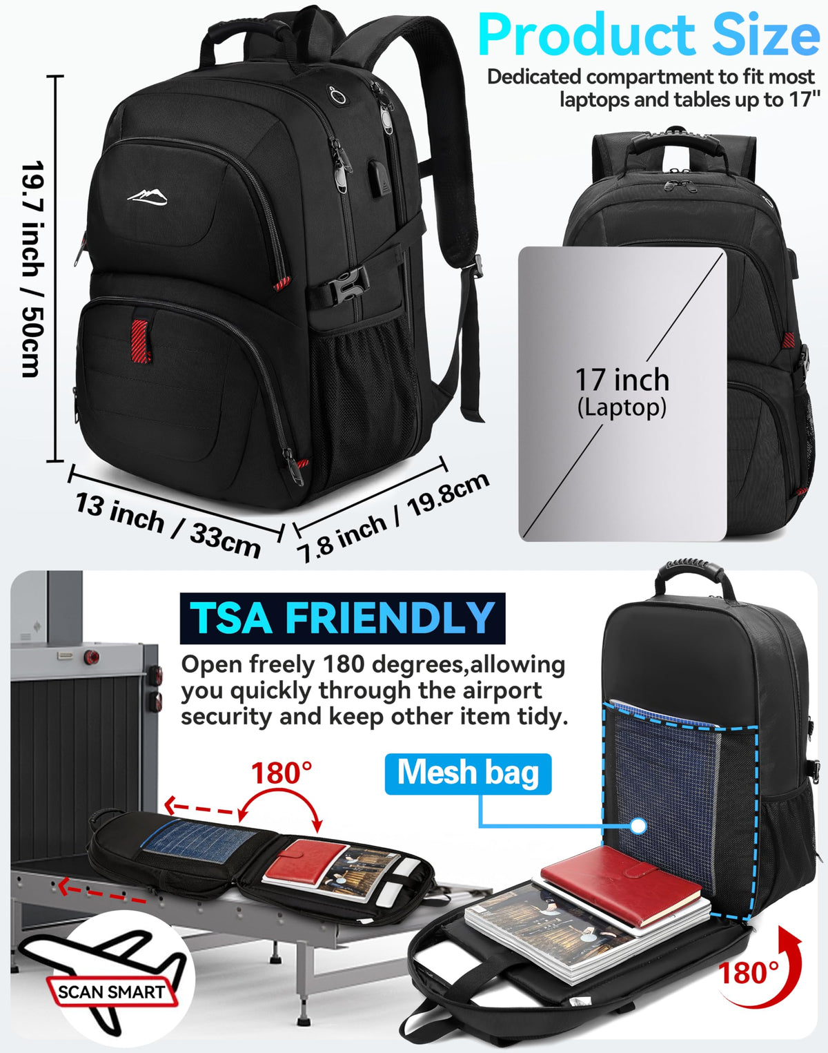Extra Large Black Laptop Backpack with USB Charging Port E186