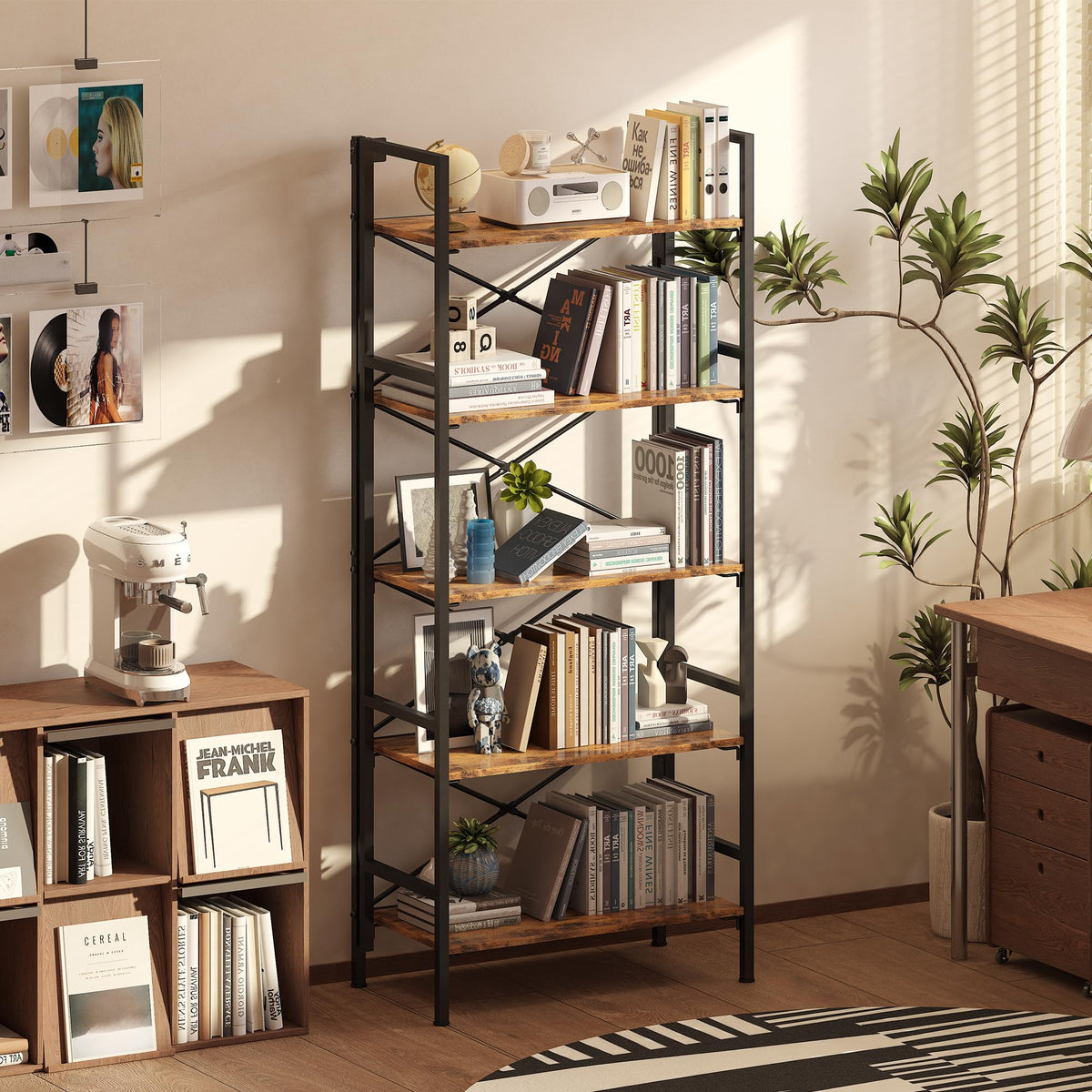 Folding 5 Tier Bookcase with X-Bracket Design V80457