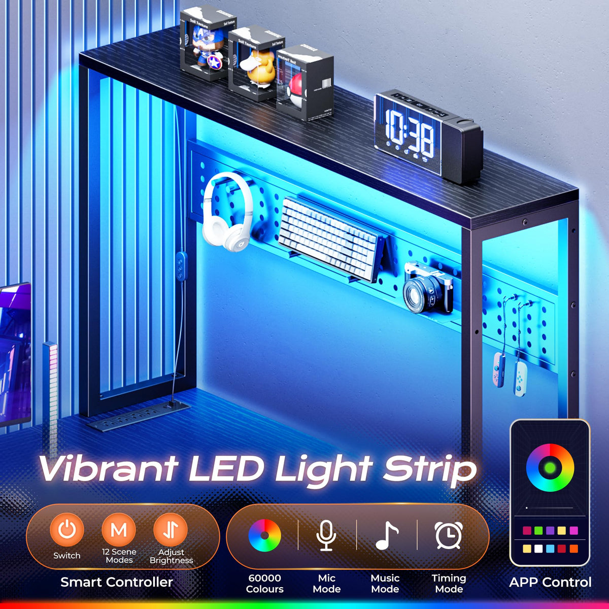 L Shaped Gaming Desk with LED Lights & Power Outlets T3530