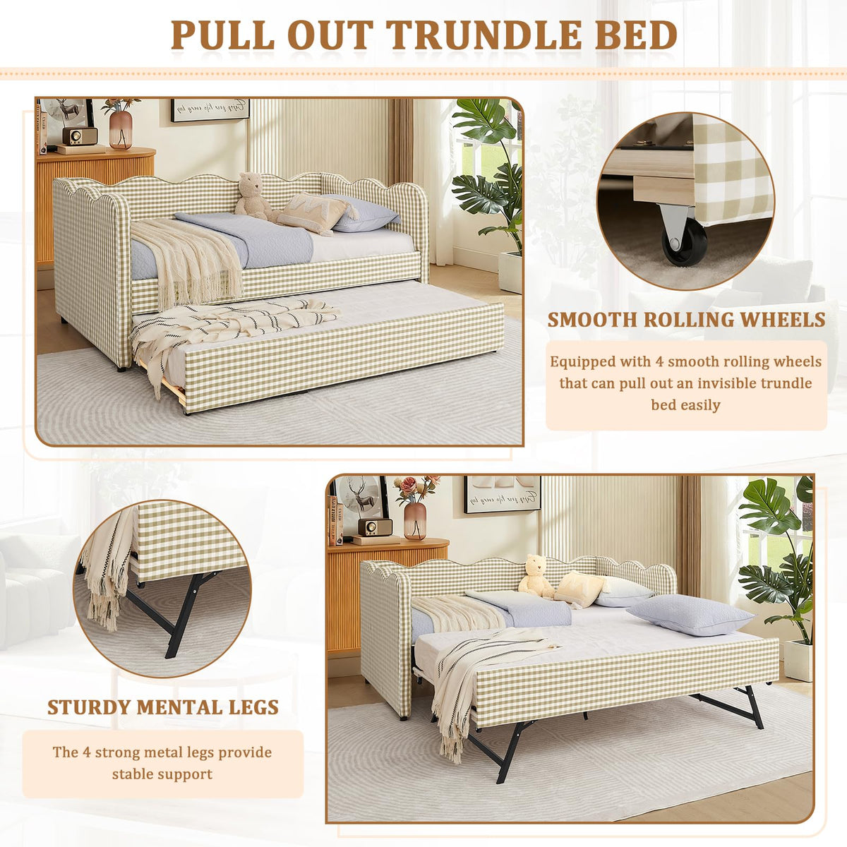 Twin Size Gingham Upholstered Daybed with Trundle and USB Ports X6943