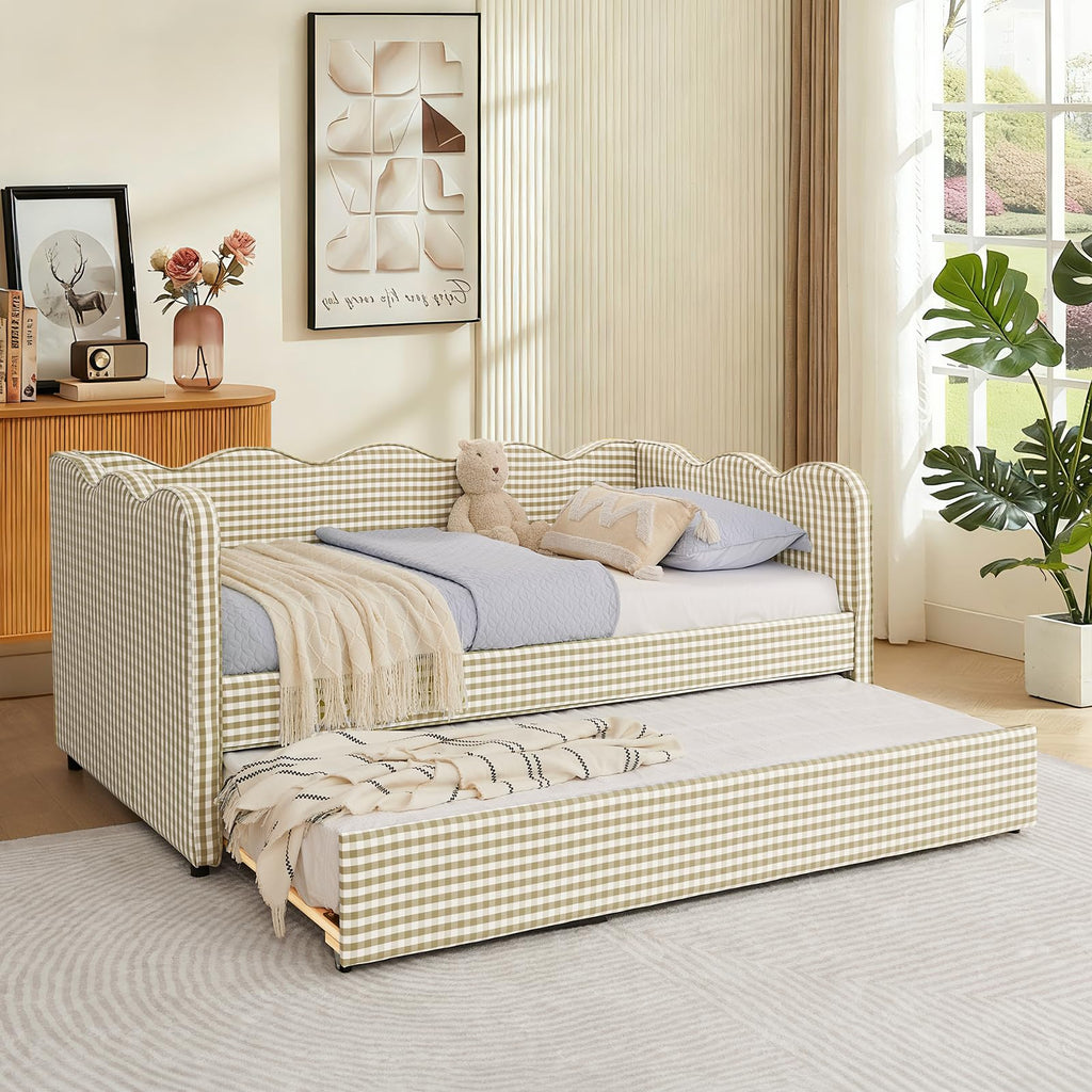 Twin Size Gingham Upholstered Daybed with Trundle and USB Ports X6943