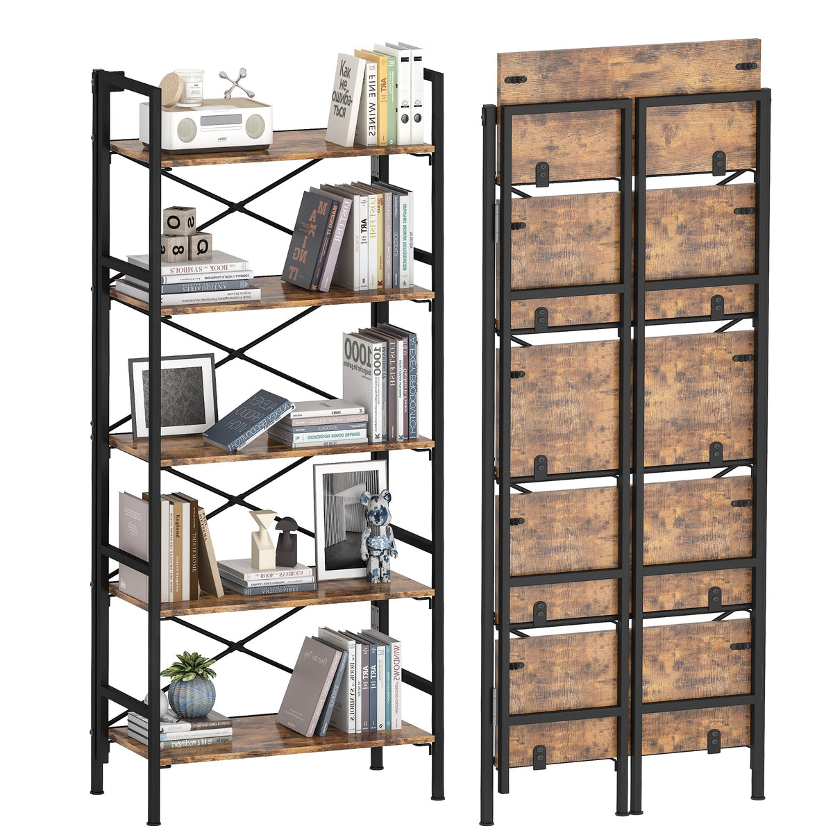 Folding 5 Tier Bookcase with X-Bracket Design V80457