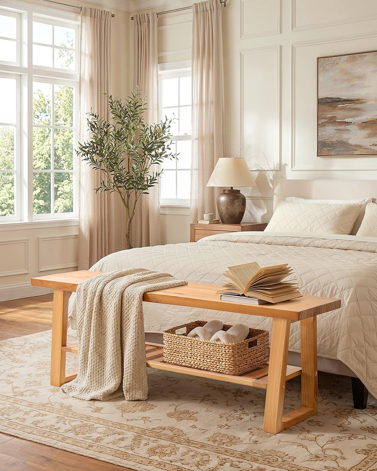 Pine Wood Entryway Bench with Shoe Storage Shelf O20819
