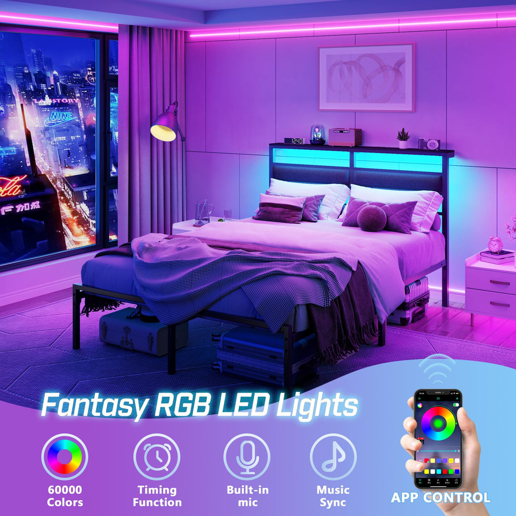 Full Size Black Platform Bed with LED Lights & Charging E87261