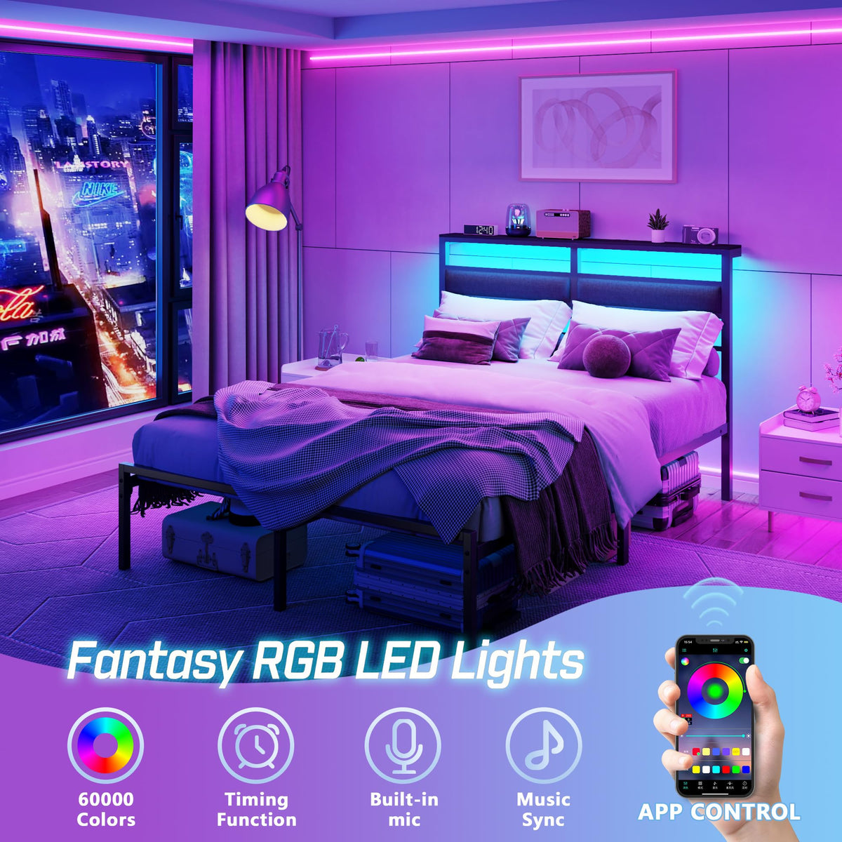 Full Size Black Platform Bed with LED Lights & Charging E87261