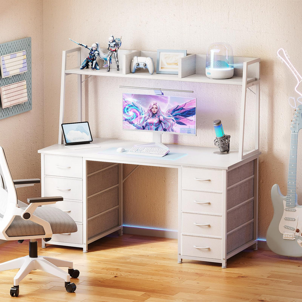 48 Inch White Computer Desk with Hutch and 8 Drawers U70131