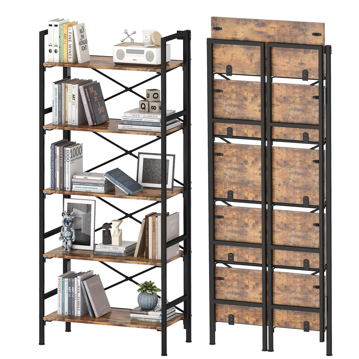 Folding 5 Tier Bookcase with X-Bracket Design V80457