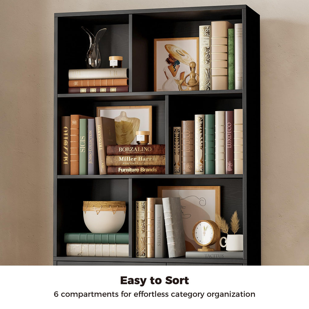 70.9-Inch Black Bookcase with Doors and 3 Drawers H1550