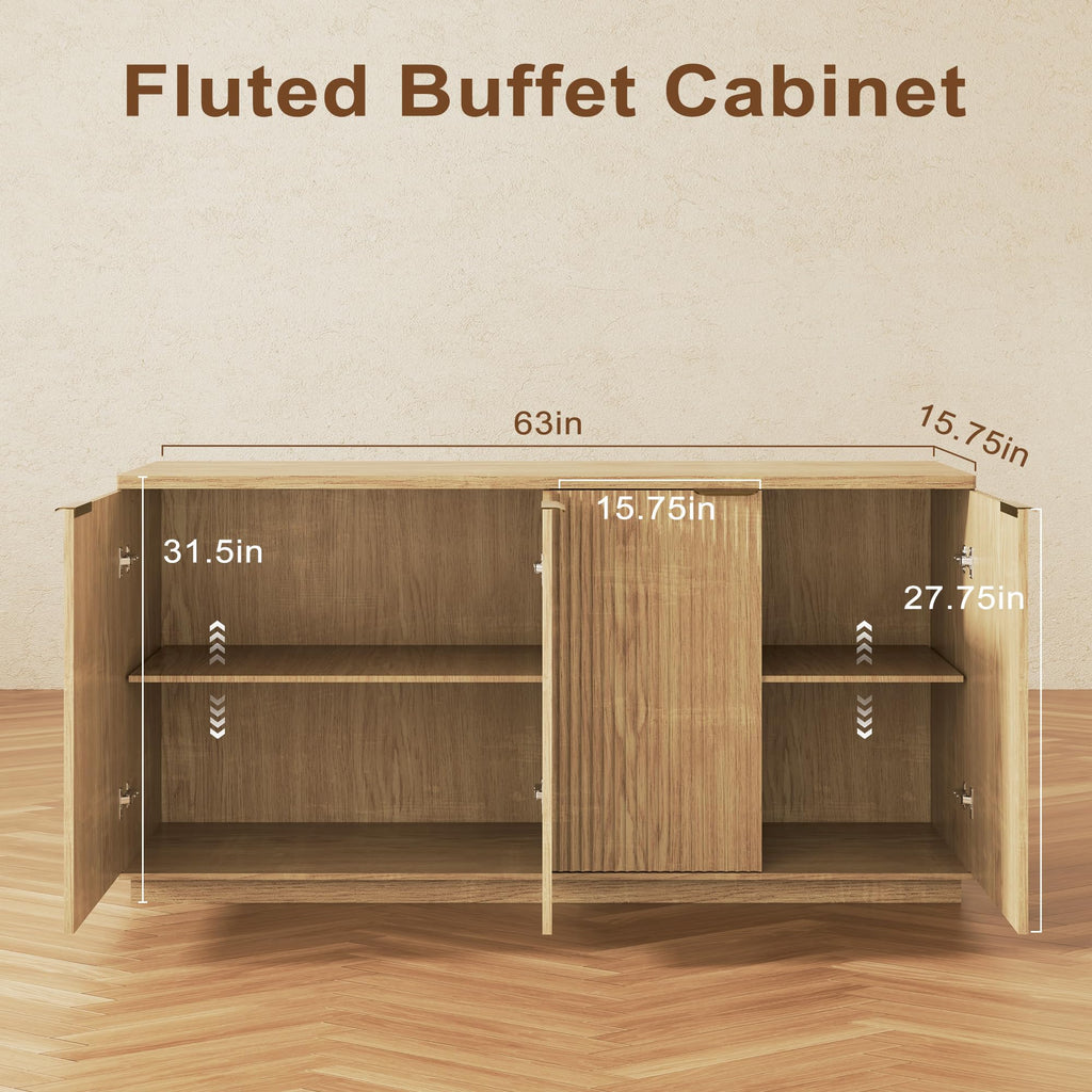 Natural Oak Fluted Wooden Sideboard Cabinet with 4 Doors C799