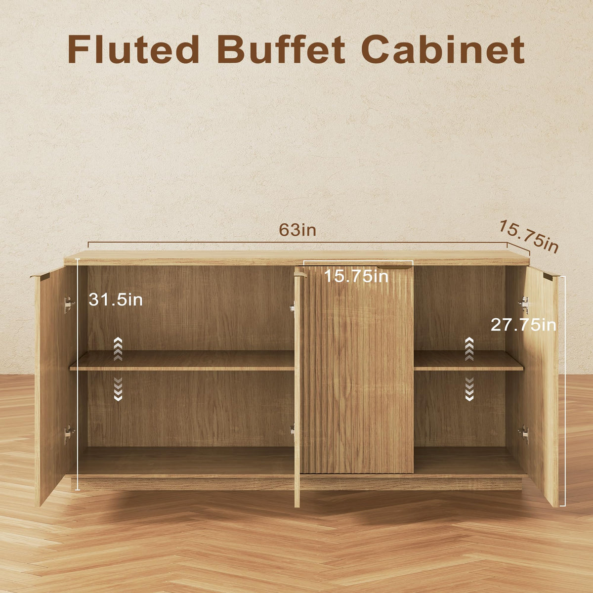 Natural Oak Fluted Wooden Sideboard Cabinet with 4 Doors C799