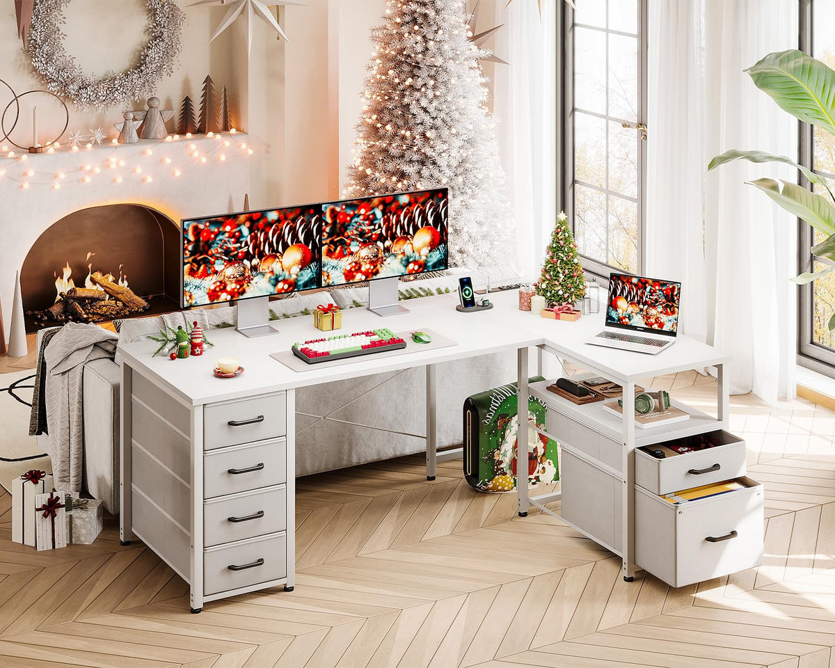 55 Inch L Shaped Office Desk with 6 Drawers White K364101