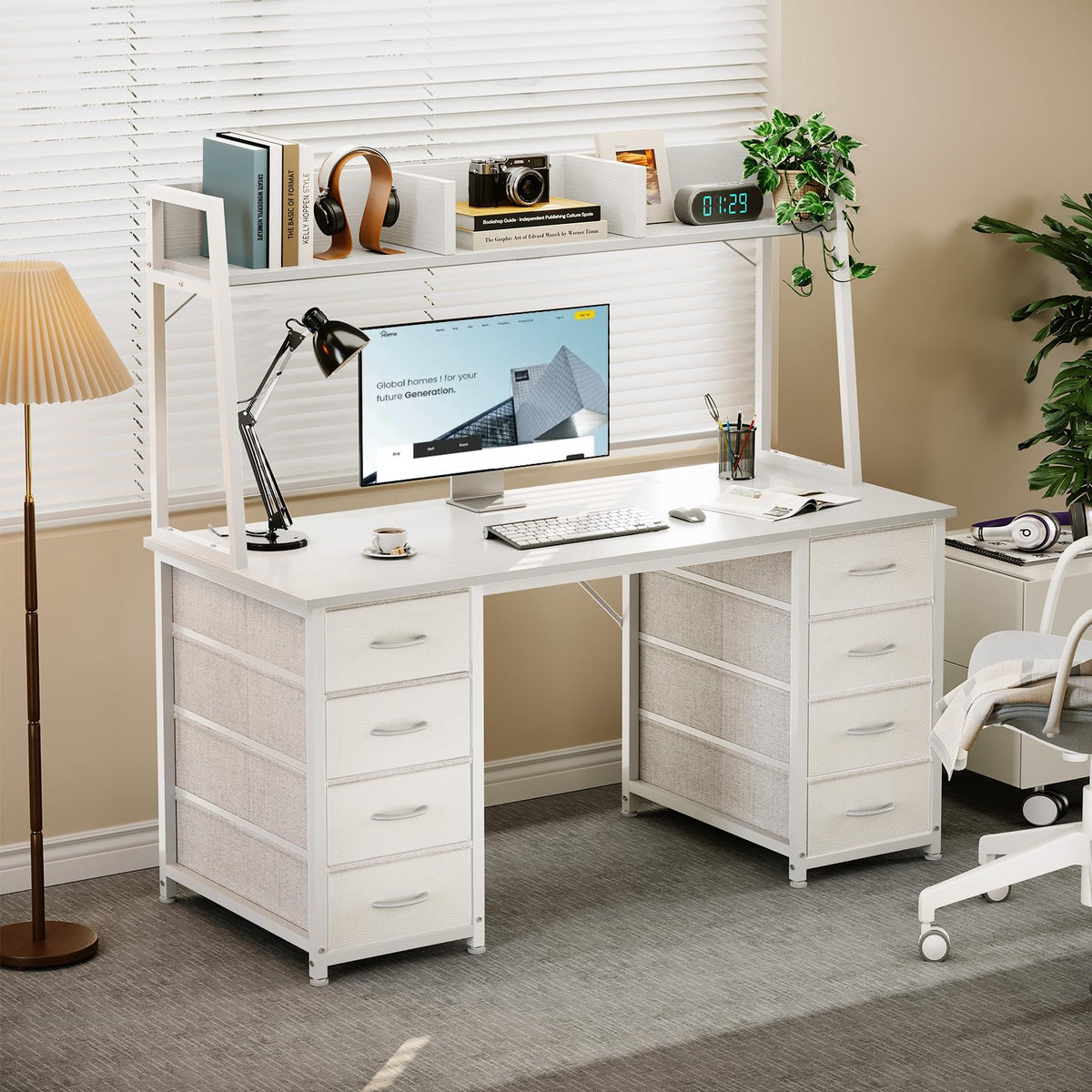 48 Inch White Computer Desk with Hutch and 8 Drawers U70131