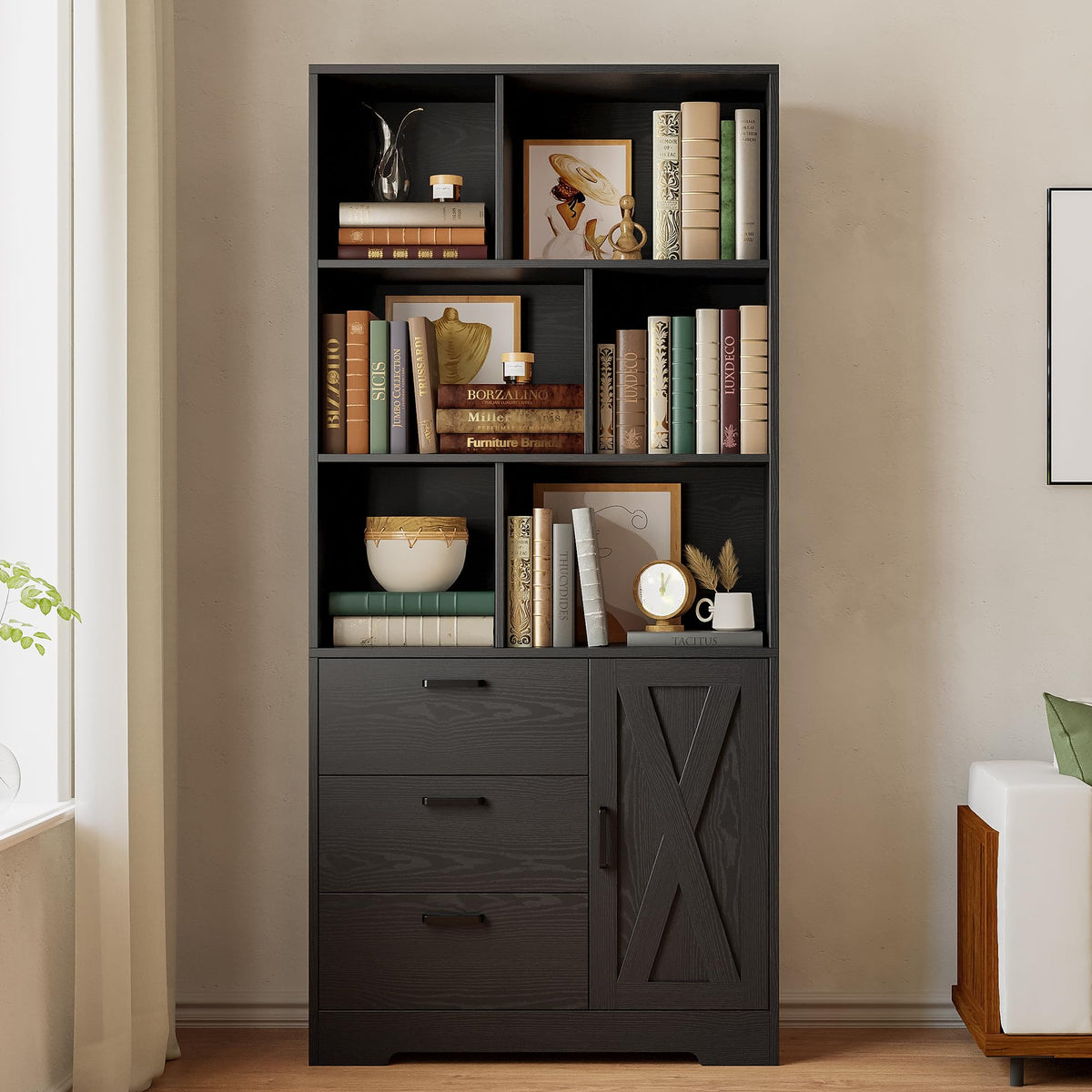 70.9-Inch Black Bookcase with Doors and 3 Drawers H1550