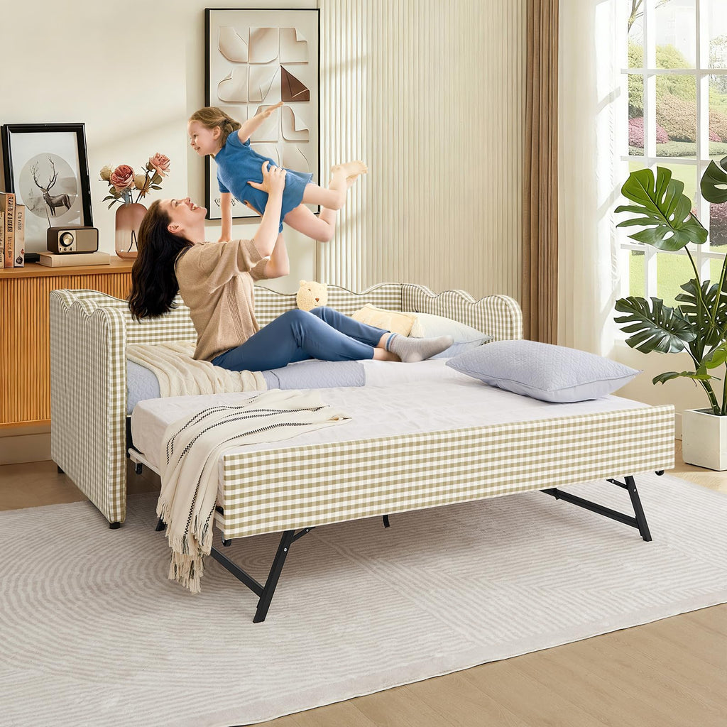Twin Size Gingham Upholstered Daybed with Trundle and USB Ports X6943
