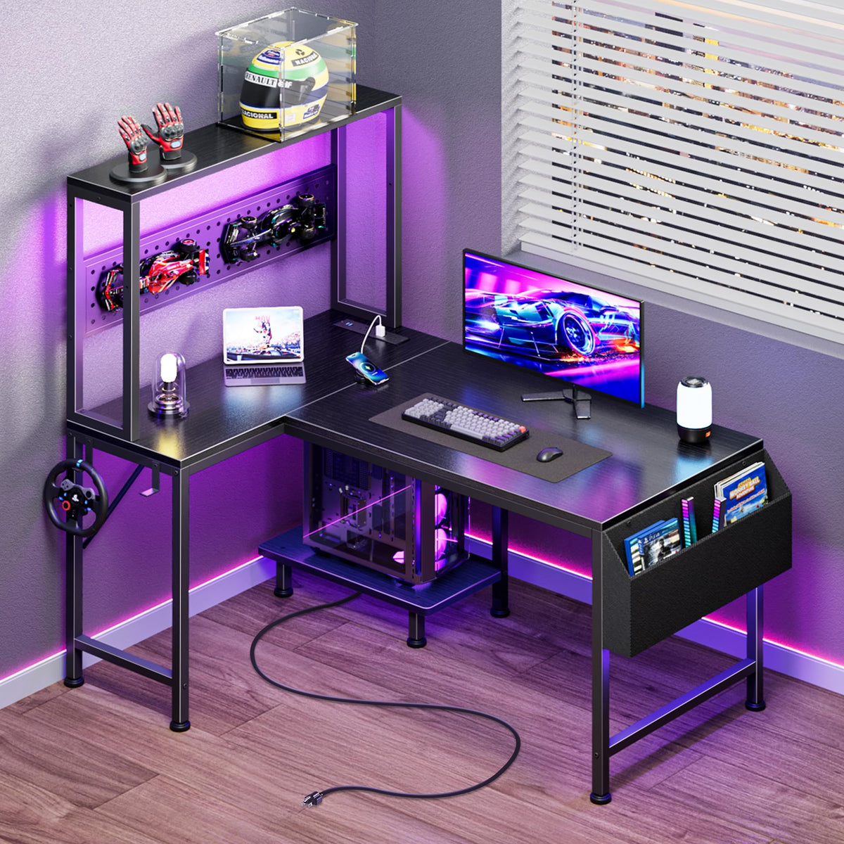 L Shaped Gaming Desk with LED Lights & Power Outlets T3530