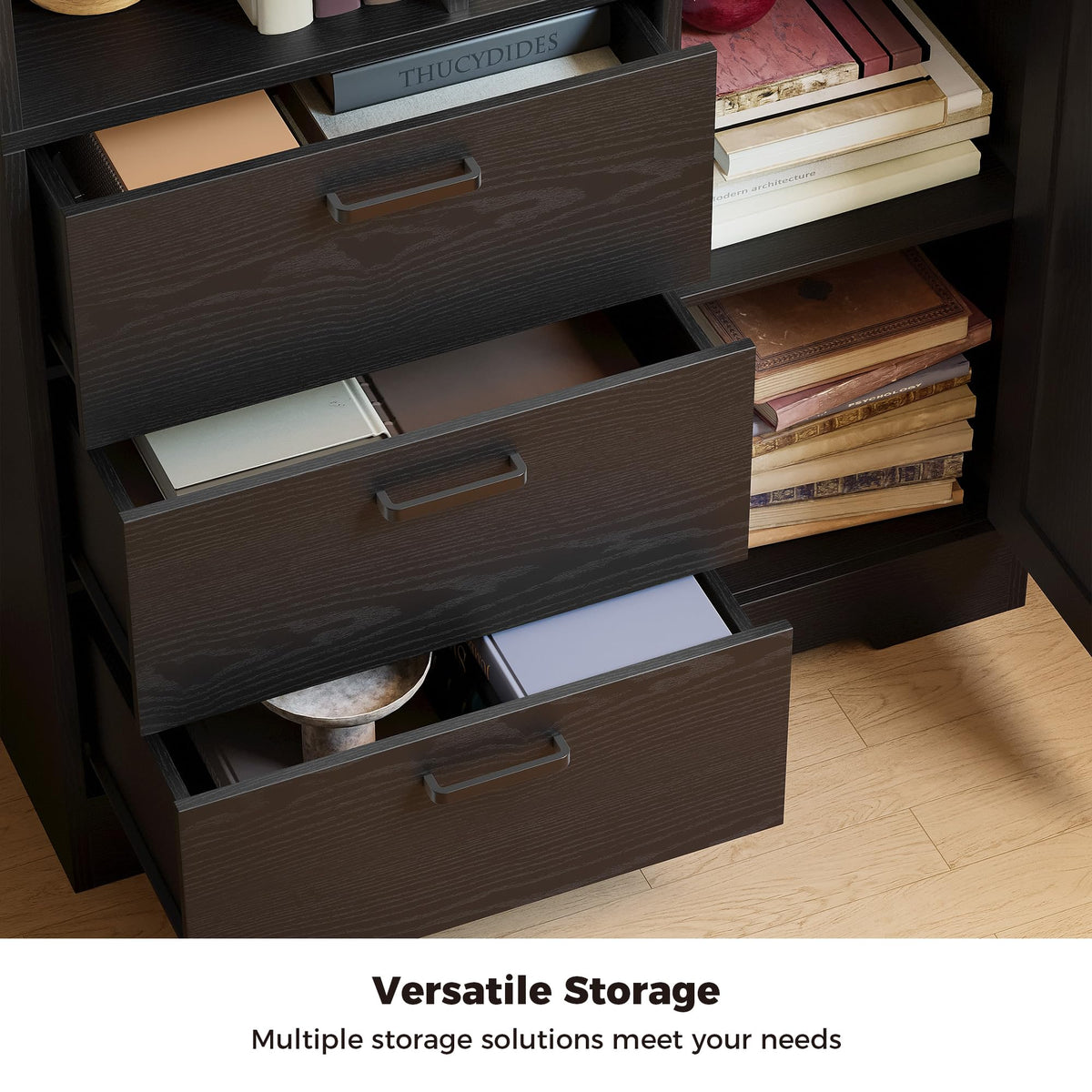 70.9-Inch Black Bookcase with Doors and 3 Drawers H1550