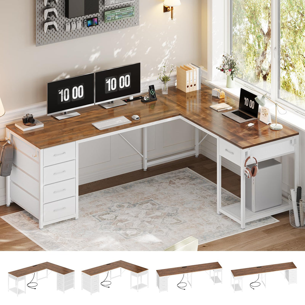 Brown White L Shaped Desk with 5 Drawers X580