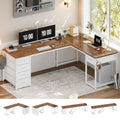 Brown White L Shaped Desk with 5 Drawers X580